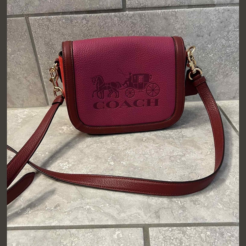 Coach Saddle Bag Horse & Carriage Colorblock Leather Violet red
